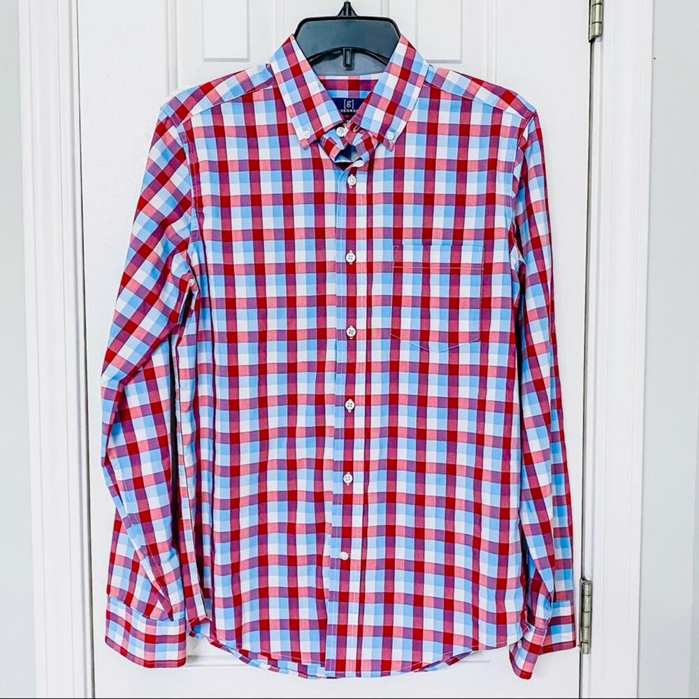 [g] GEORGE • Red + Blue Buffalo Check Plaid Button Down Shirt